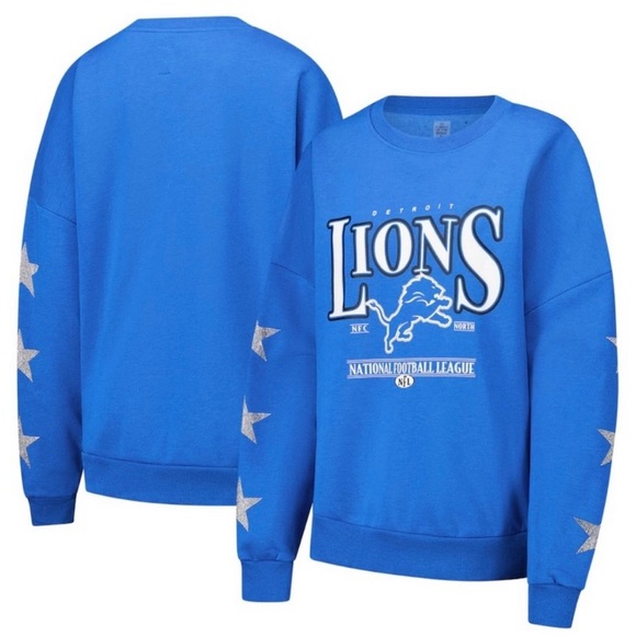 NWT GAMEDAY COUTURE Lions Rhinestone Sleeve Sweatshirt in Blue, Size Medium - Picture 1 of 5